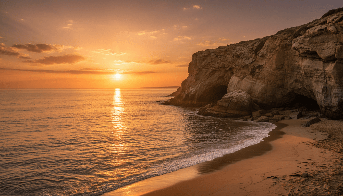 Serene sunset over ocean cliffs with golden light reflecting on calm water