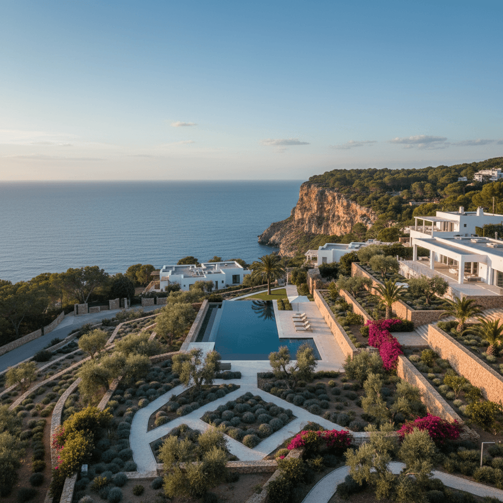 Aerial view of elegant retreat grounds with gardens and ocean horizon in Majorca