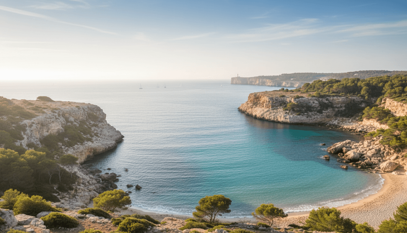 Peaceful Mediterranean coastline with clear blue water and natural light overlooking Mallorca's serene landscape