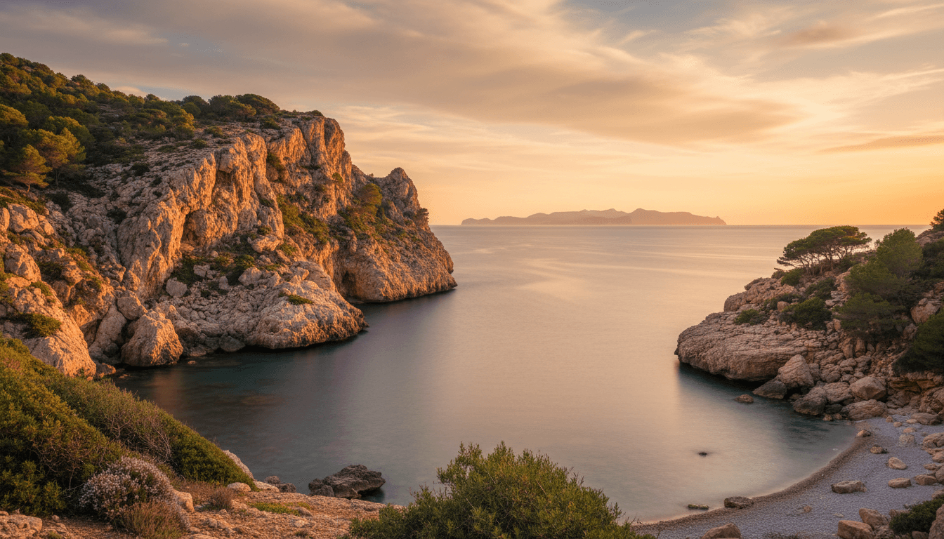 Peaceful coastal cliffs overlooking the Mediterranean Sea in Majorca at sunset