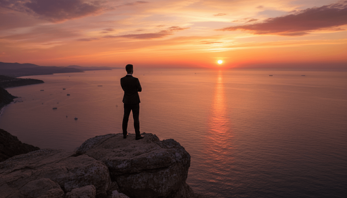 Entrepreneur standing alone on cliff overlooking sea at sunset