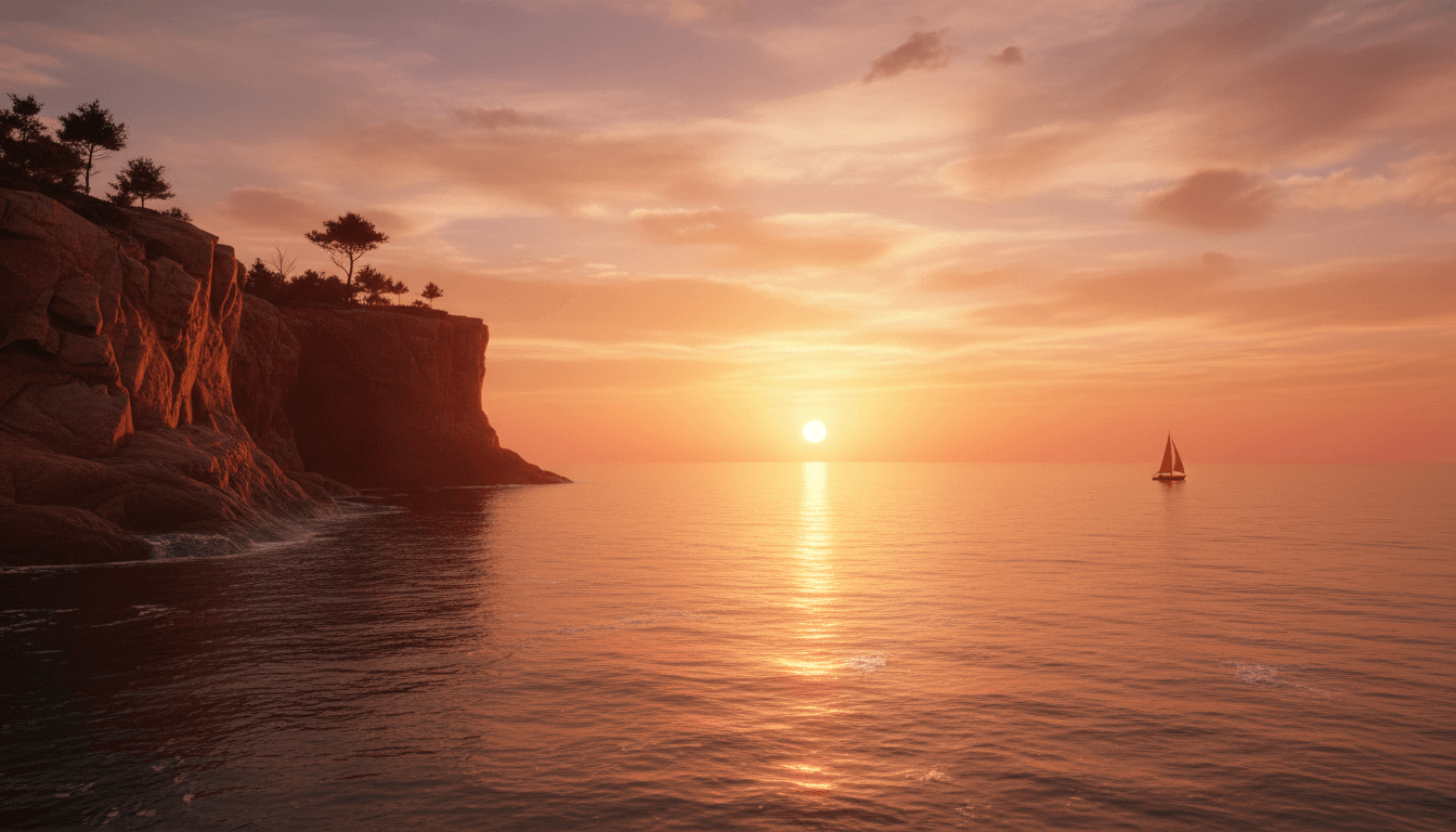 Sunset view over ocean cliff with golden light and calm water in Majorca