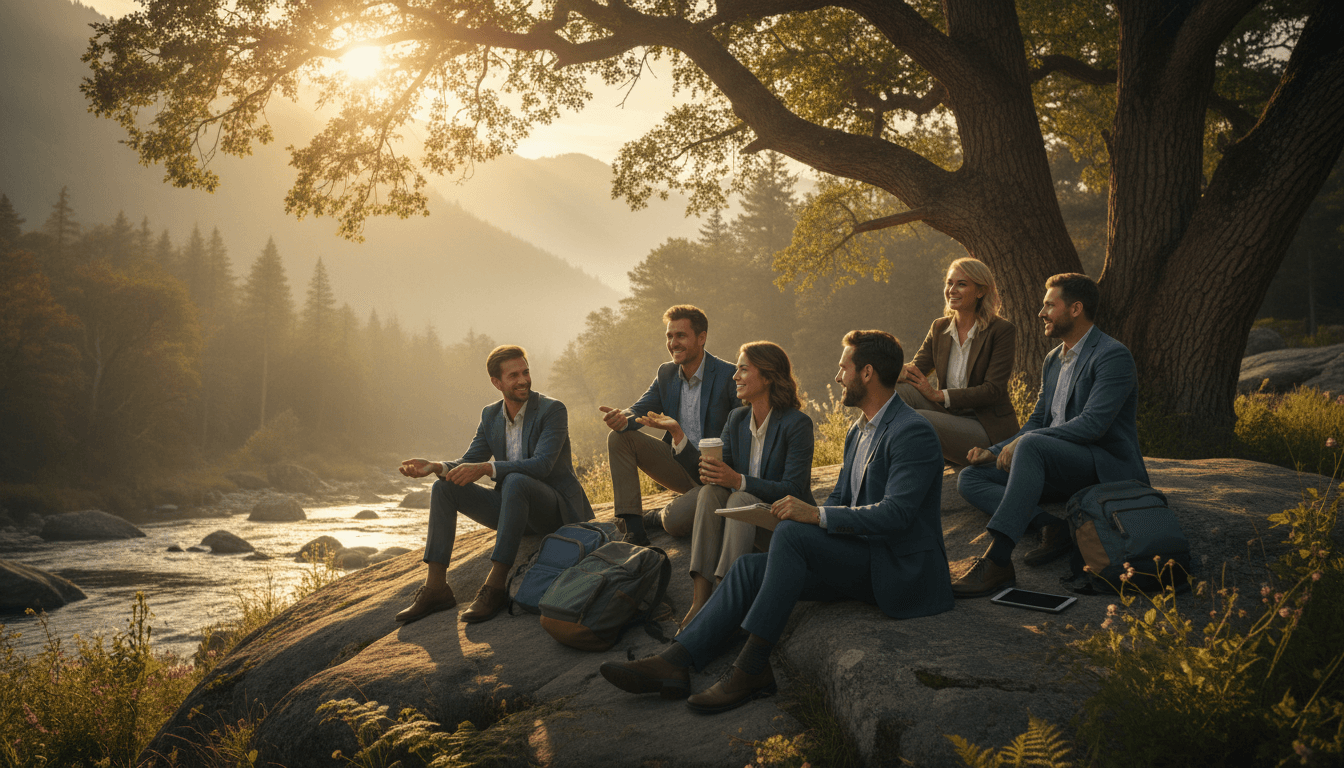 Business team relaxing in nature with warm lighting and serene surroundings