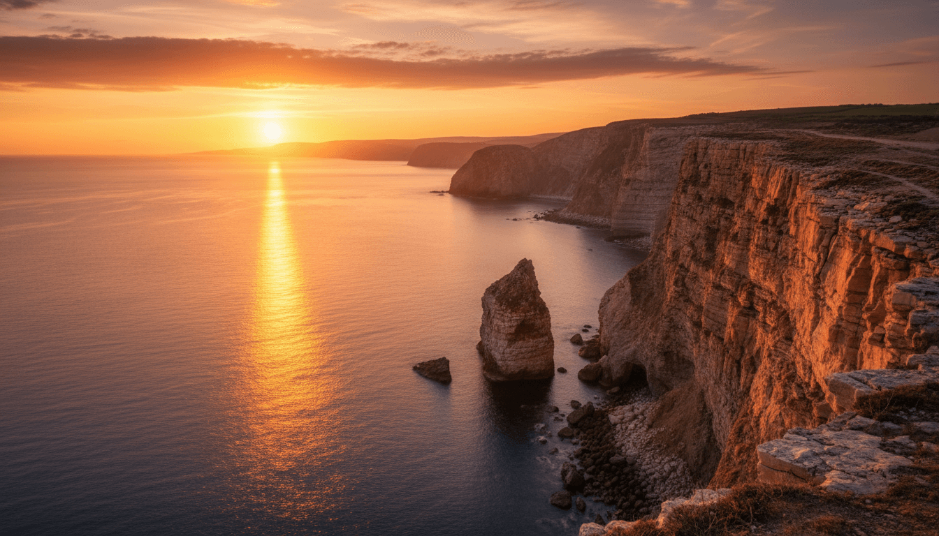 Dramatic sunset over Majorca cliffs overlooking the Mediterranean Sea with golden light