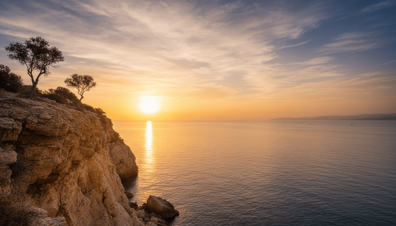 Golden sunset over a coastal cliff with calm ocean waters and natural beauty