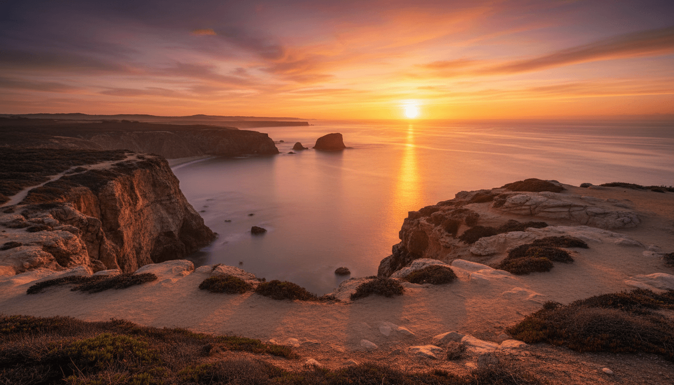 Sunset view from dramatic cliffs overlooking calm ocean in golden hour light