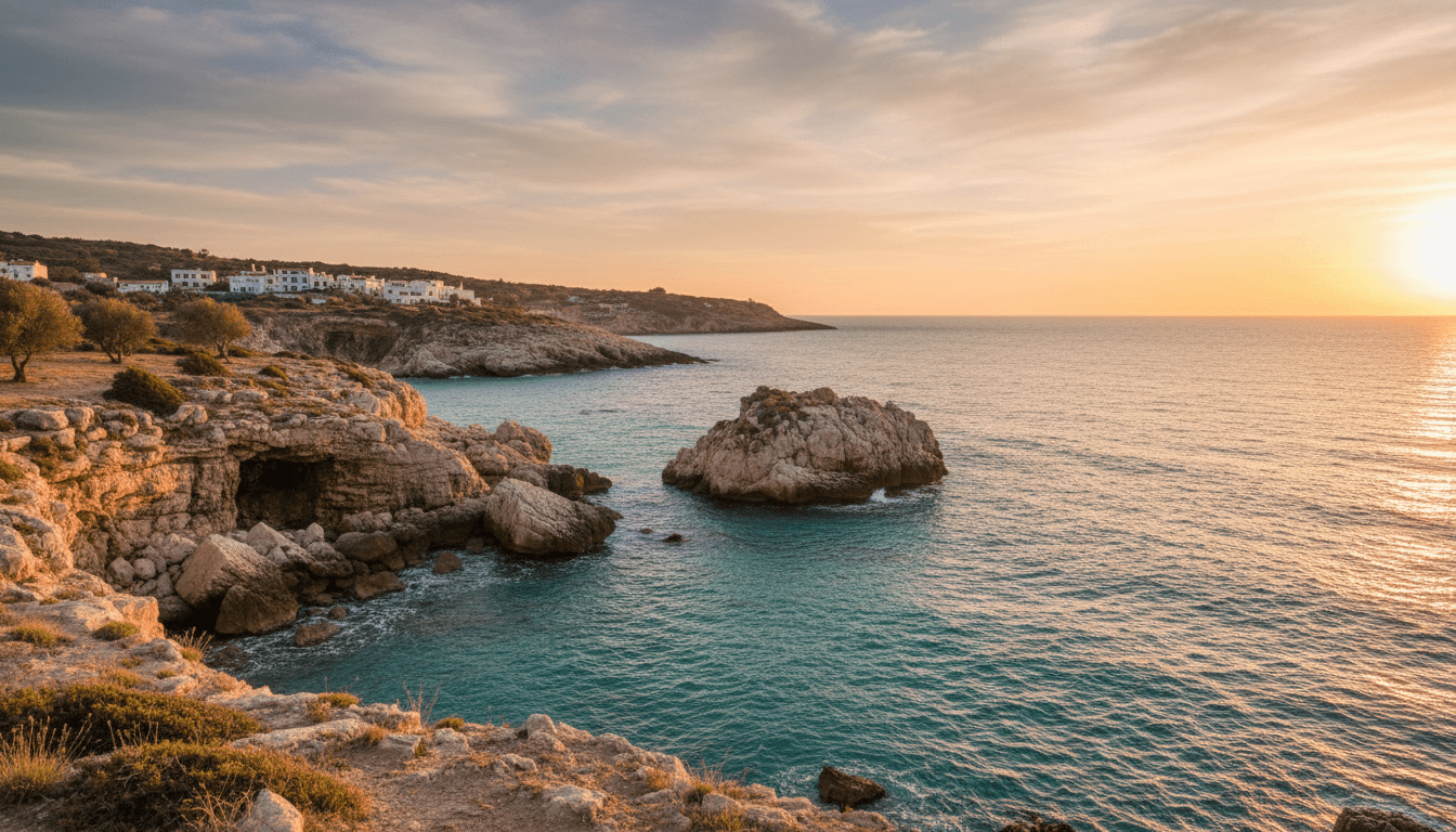 Peaceful Mediterranean coastline in Majorca with golden hour lighting and turquoise water