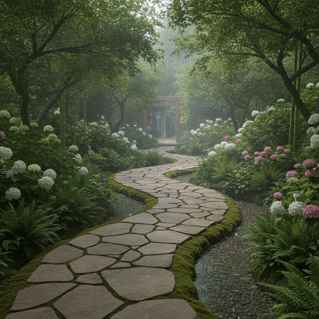 Peaceful garden pathway at retreat