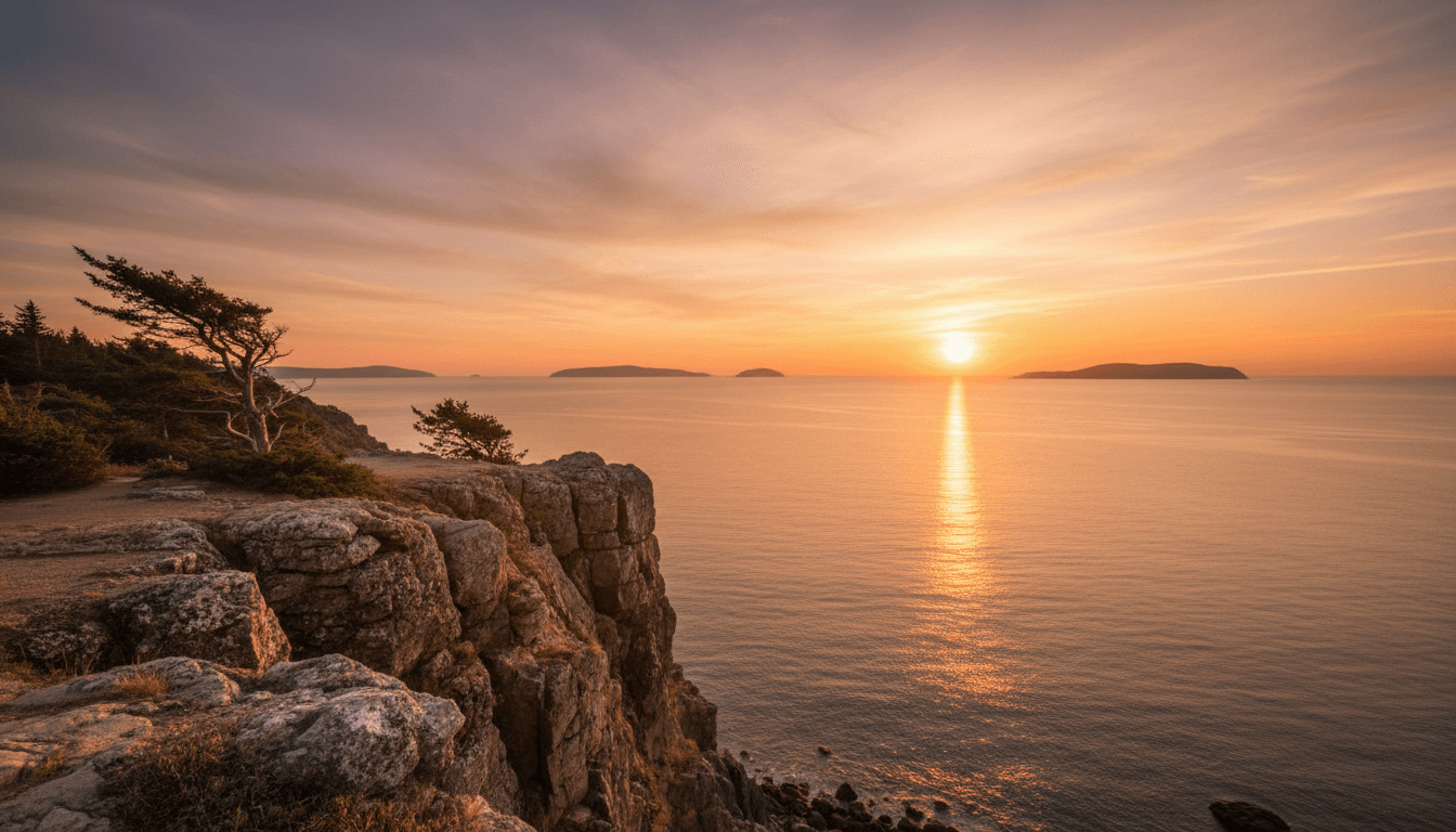 Serene sunset view from clifftop overlooking calm Mediterranean sea at golden hour